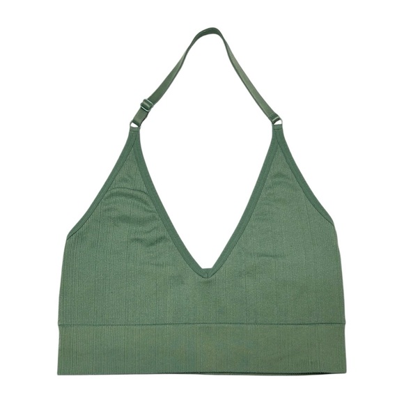 PINK Victoria's Secret Other - PINK Victoria’s Secret Sage Green Ribbed V Neck Halter Stretch Bralette M